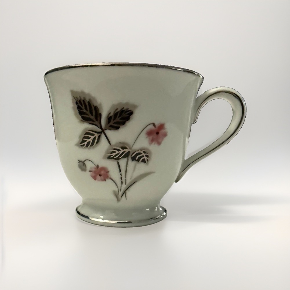 Vintage Noritake China Japan White Floral Cup Decorated Silver Rim Pink Black
